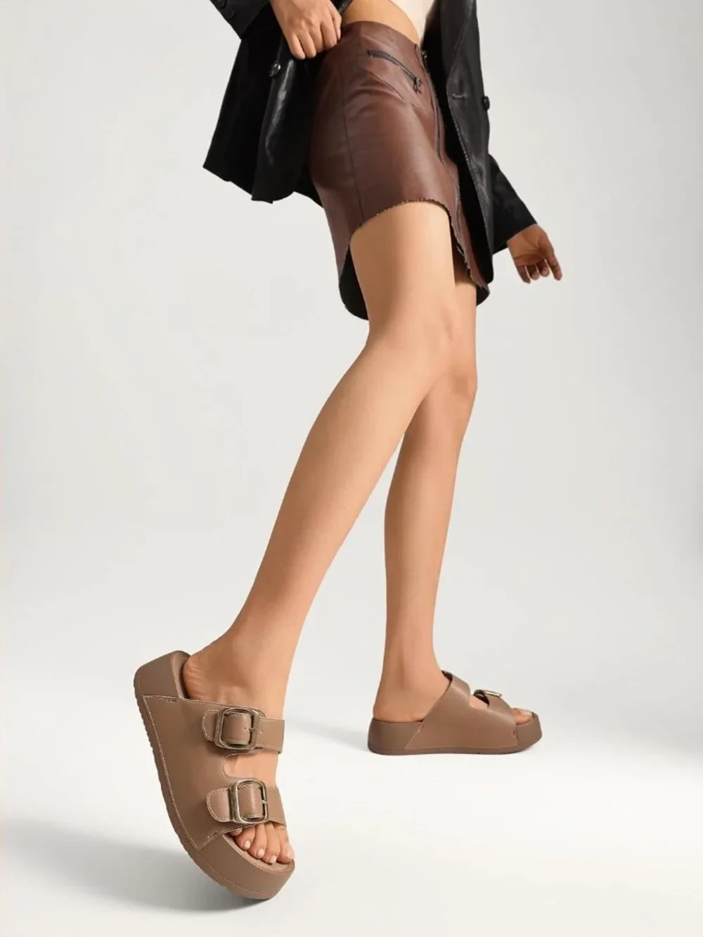 Women's Brown Genuine Leather Slide Buckle Slip on Beach Platform Sandal Shoes